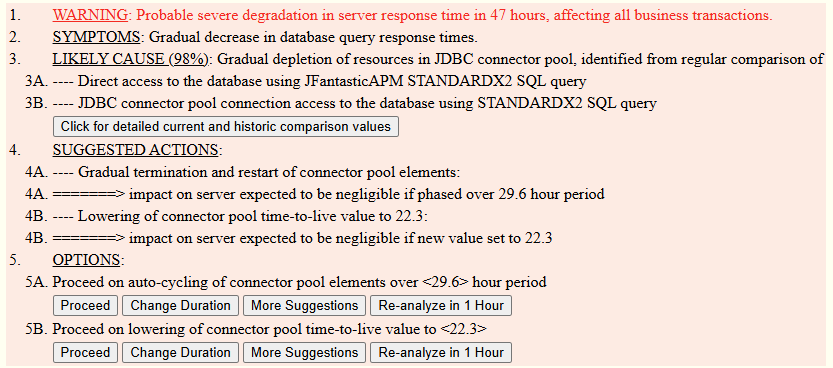 JFantasticAPM alerting and showing the options for handling the alert, including auto-remediation options